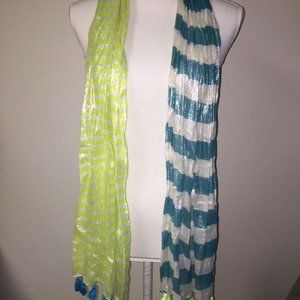 Tassel Scarf Lime Green and Blue Stripe